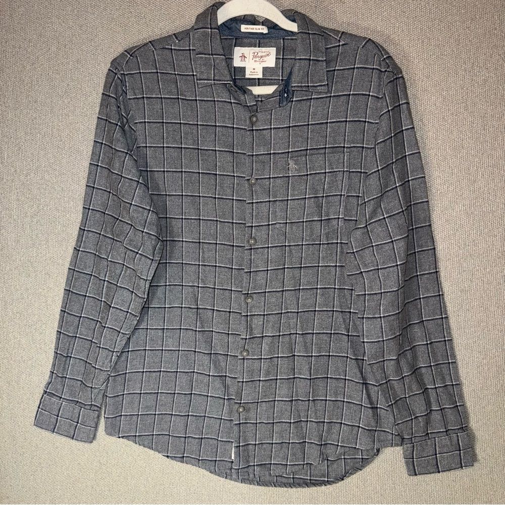 Original Penguin size medium slim fit gray Button Down plaid Shirt